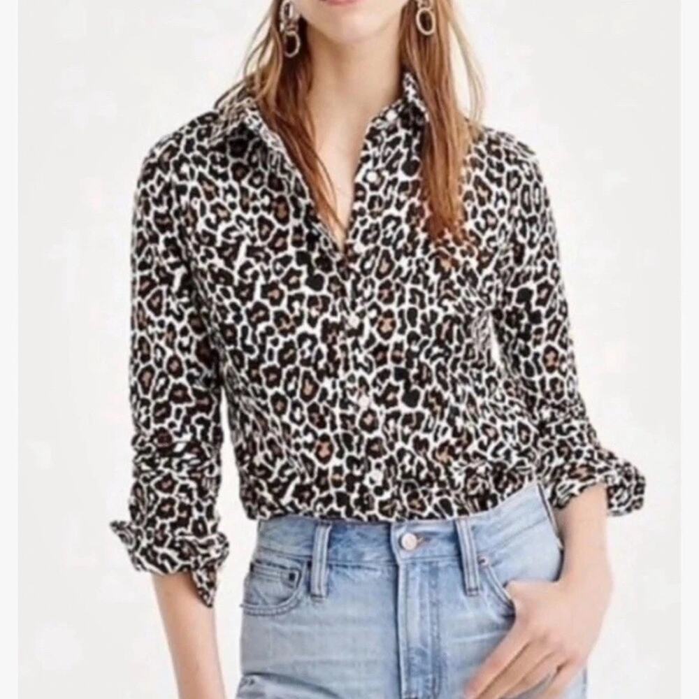 J. Crew The Perfect Shirt Women's 12 Leopard Print Button Front Linen Blend